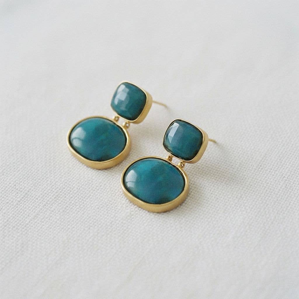 Geometric Drop Earrings - Green/Gold