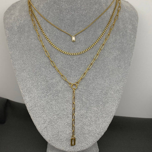 Zircon Charm 18K Gold Plated SS 3 Layer Y-neck Necklace - FGS