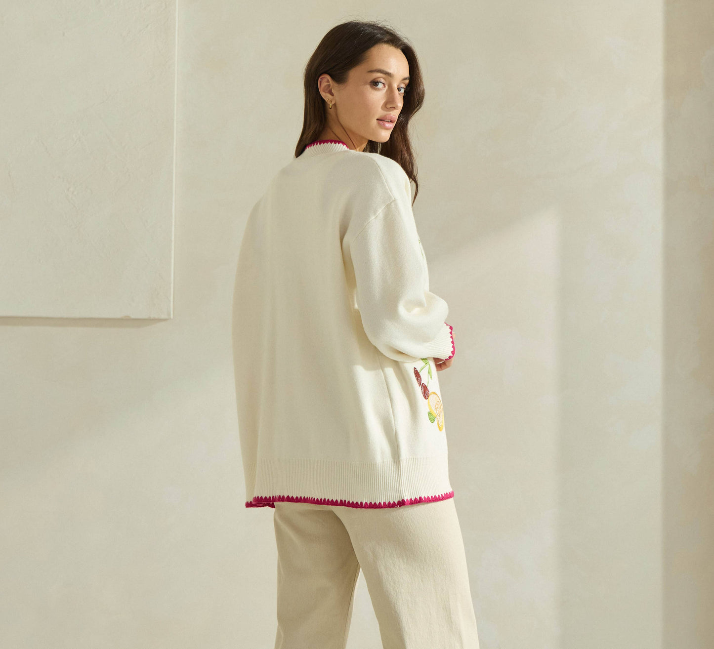 Able Embroidered V-Neck Cardigan - Cream/Red