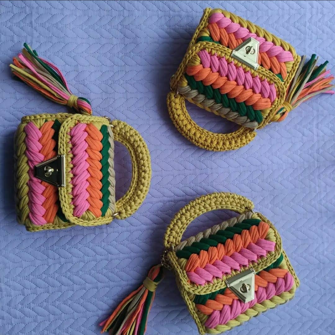Macrame Colorful Top Handle Bag - Mustard/Grn/Pink/Org