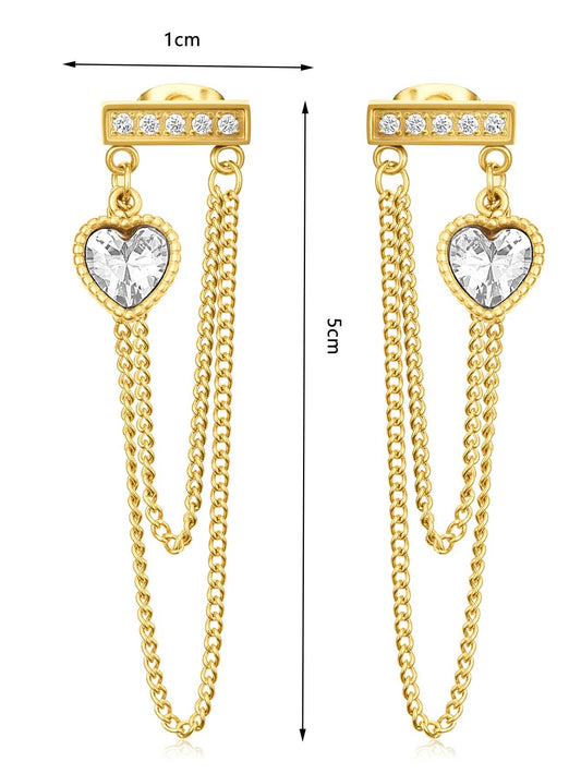 RB CZ Heart Chain Dangle Drop Earrings - 18K Gold Plated