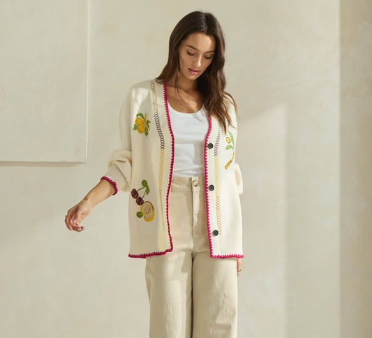 Able Embroidered V-Neck Cardigan - Cream/Red