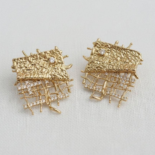 Nature Inspired Textured Gold & Cubic Zirconia Earrings