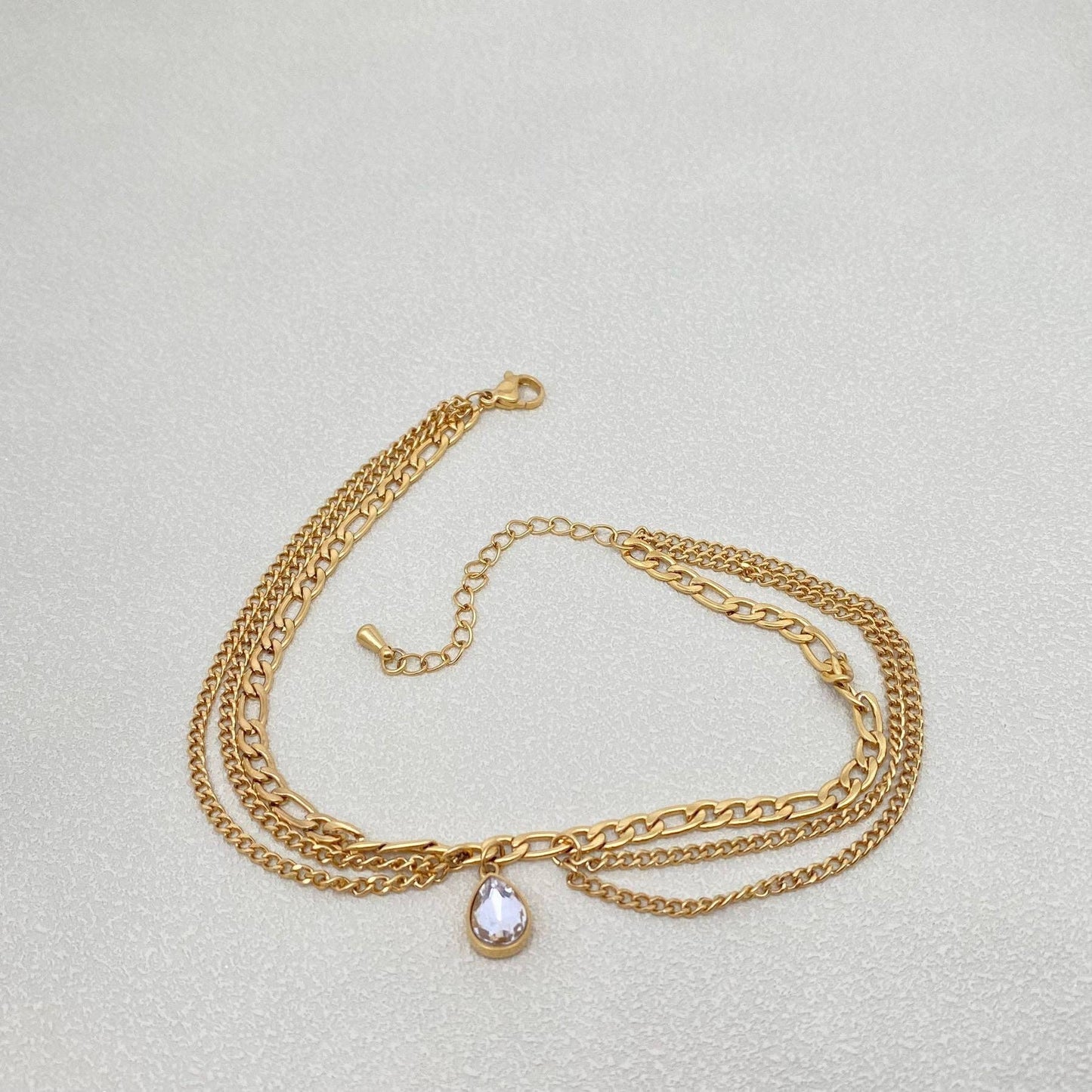 Cubic Zirconia Drop Cahrm 18K Gold Plated SS Anklet - FGS
