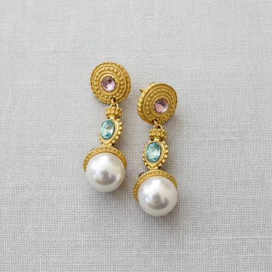 CD Vintage Geometric Gem + Pearl Drop Earrings