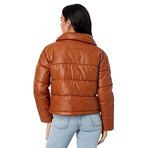 Avec Les Filles Faux-Ever Leather Cropped Puffer Coat - Caramel