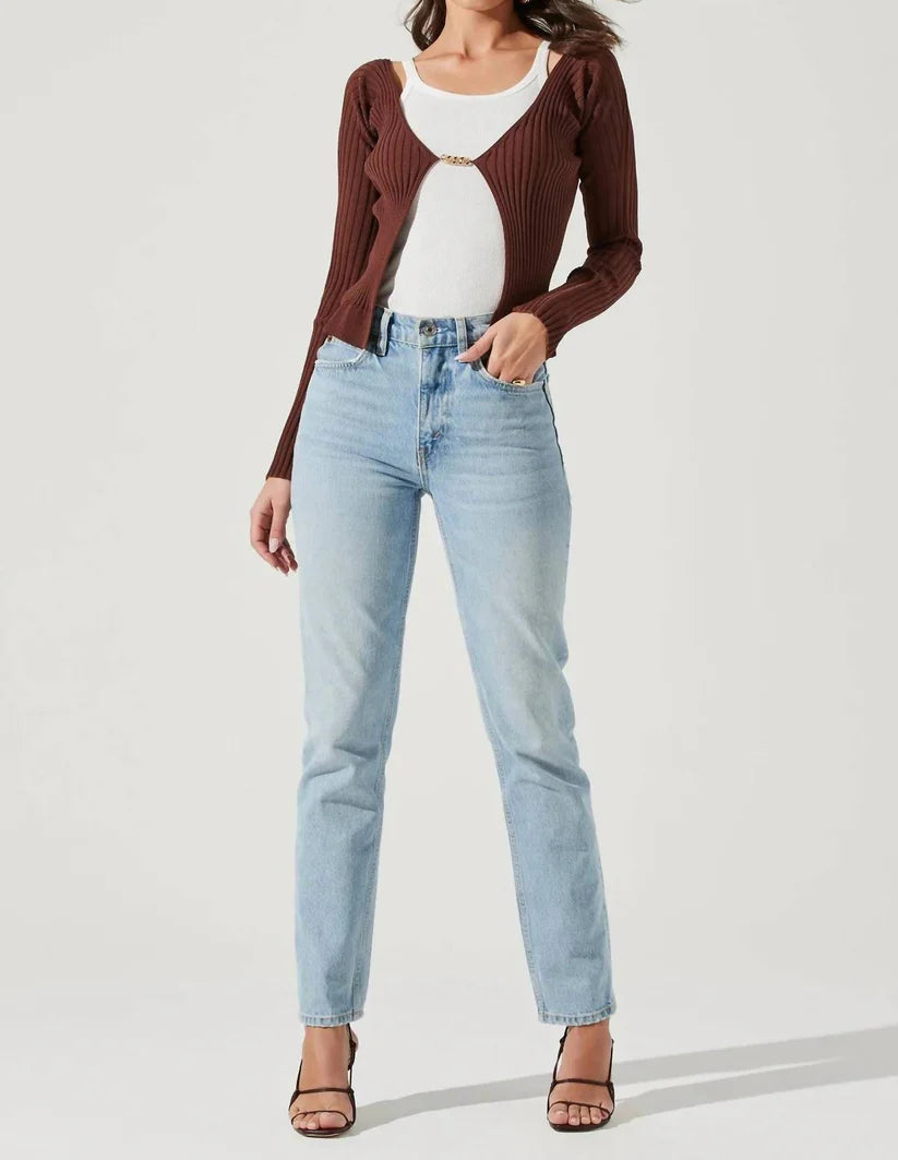 ASTR Ribbed Open Front Sweater -Brown