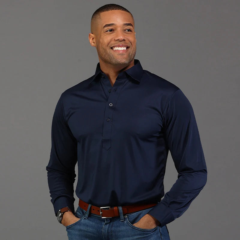 Collars & Co. Semi Spread Collar Polo Long Sleeve - Navy