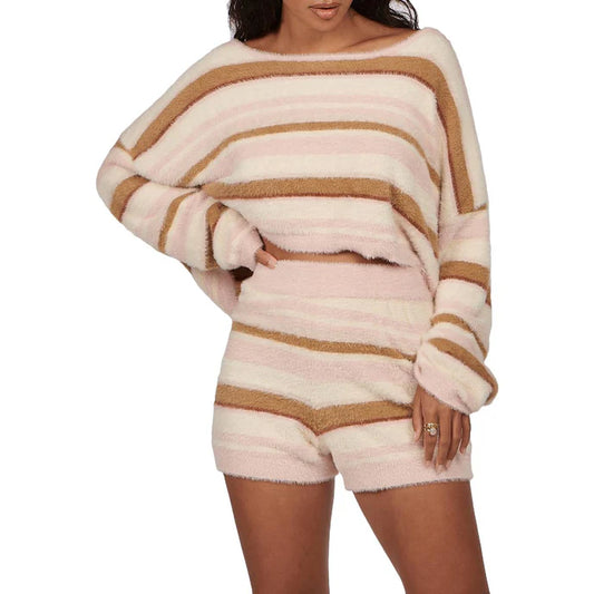 Charlie Holiday Tellow Striped Fuzzy Knit Crop Top - Cream/Pink