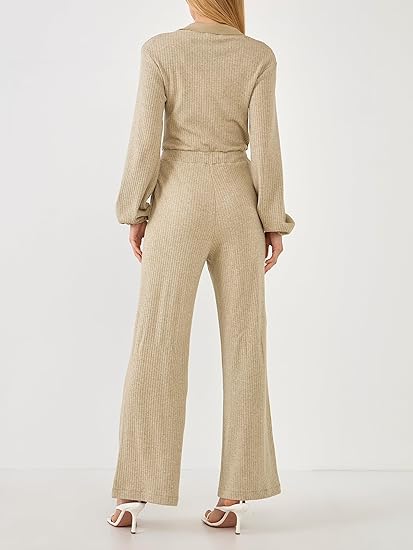 English Factory Free the Roses Rib Wide Leg Jumpsuit - Taupe