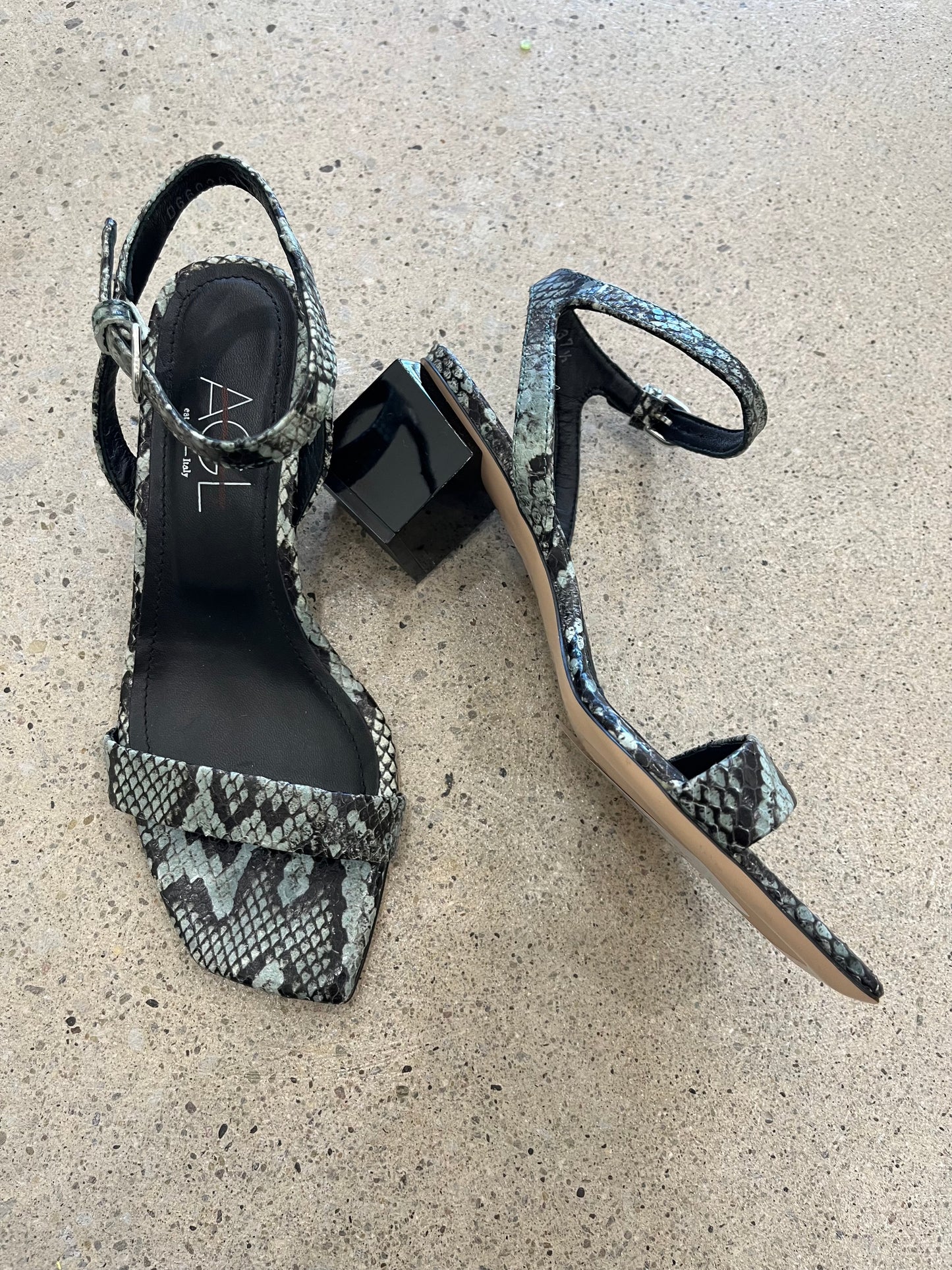 AGL Angie Sandal with Cube Shaped Heel - Blk/Blue Snakeskin 37.5