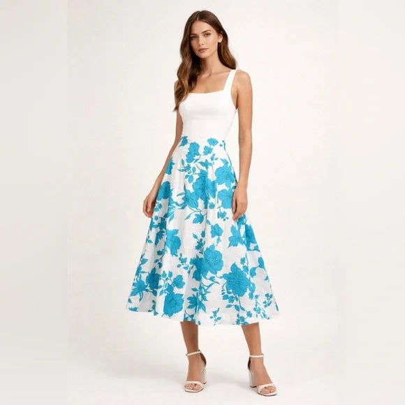 Misa Los Angeles A Line Floral Print Midi Skirt - Blue/Wht