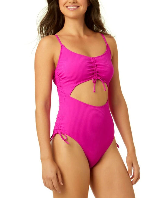 Salt & Cove Adjustable Cinched Ribbed One Piece - Hot Pink