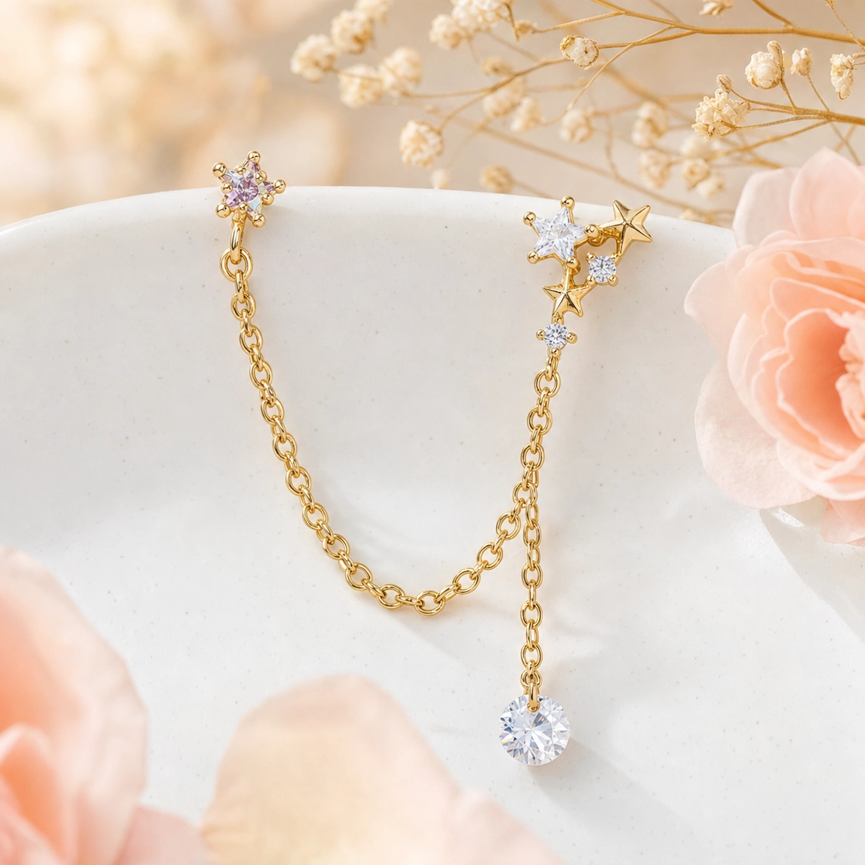 RB Cubic Zirconia Celestial Chain Earrings - 18K Gold Plated