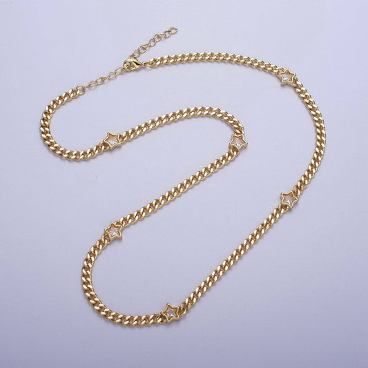 Cubic Zirconia Celestial Star Curb Chain Necklace  - 24K Gold Filled/18"
