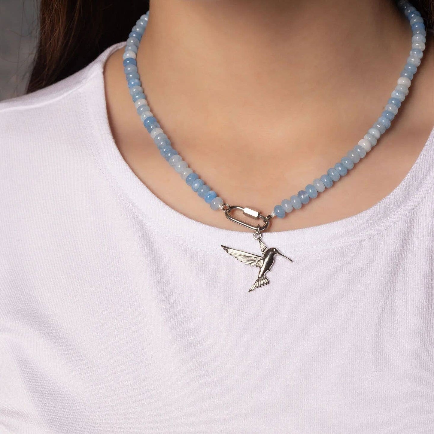 WJW Glass Bead Carabiner Necklace - Blue/Stainless