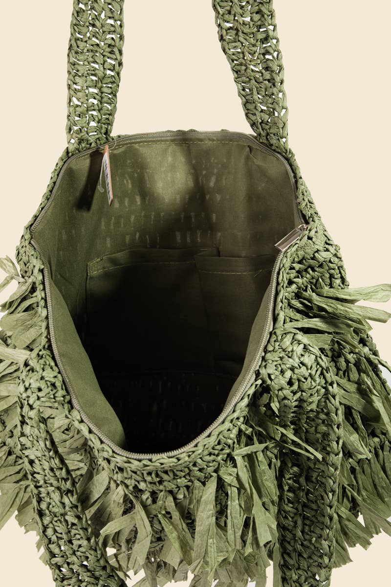 AS Raffia Fringe Tote Bag - Olive