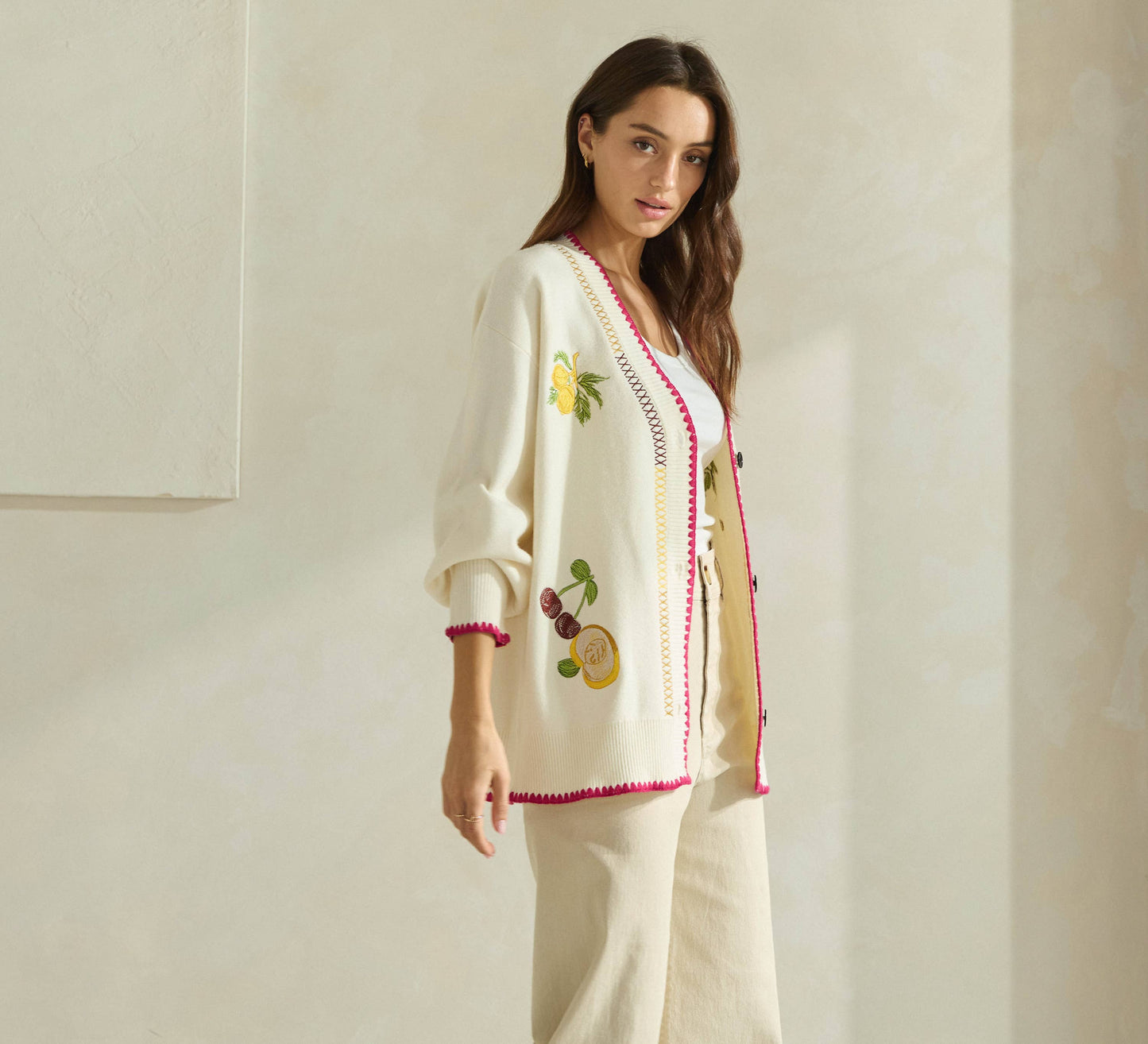 Able Embroidered V-Neck Cardigan - Cream/Red