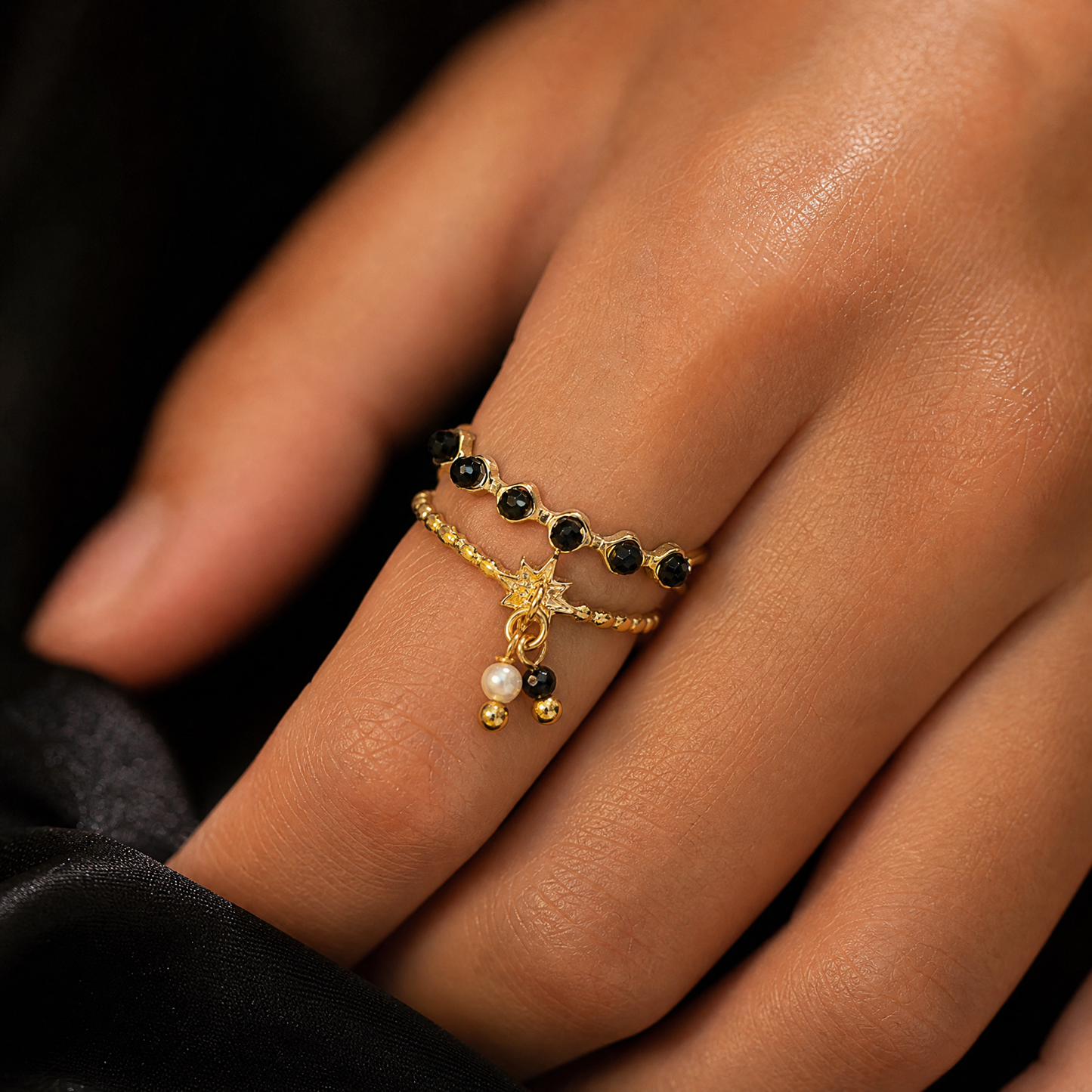 Gold Plated Beaded Star Charm Adjustable Double Ring