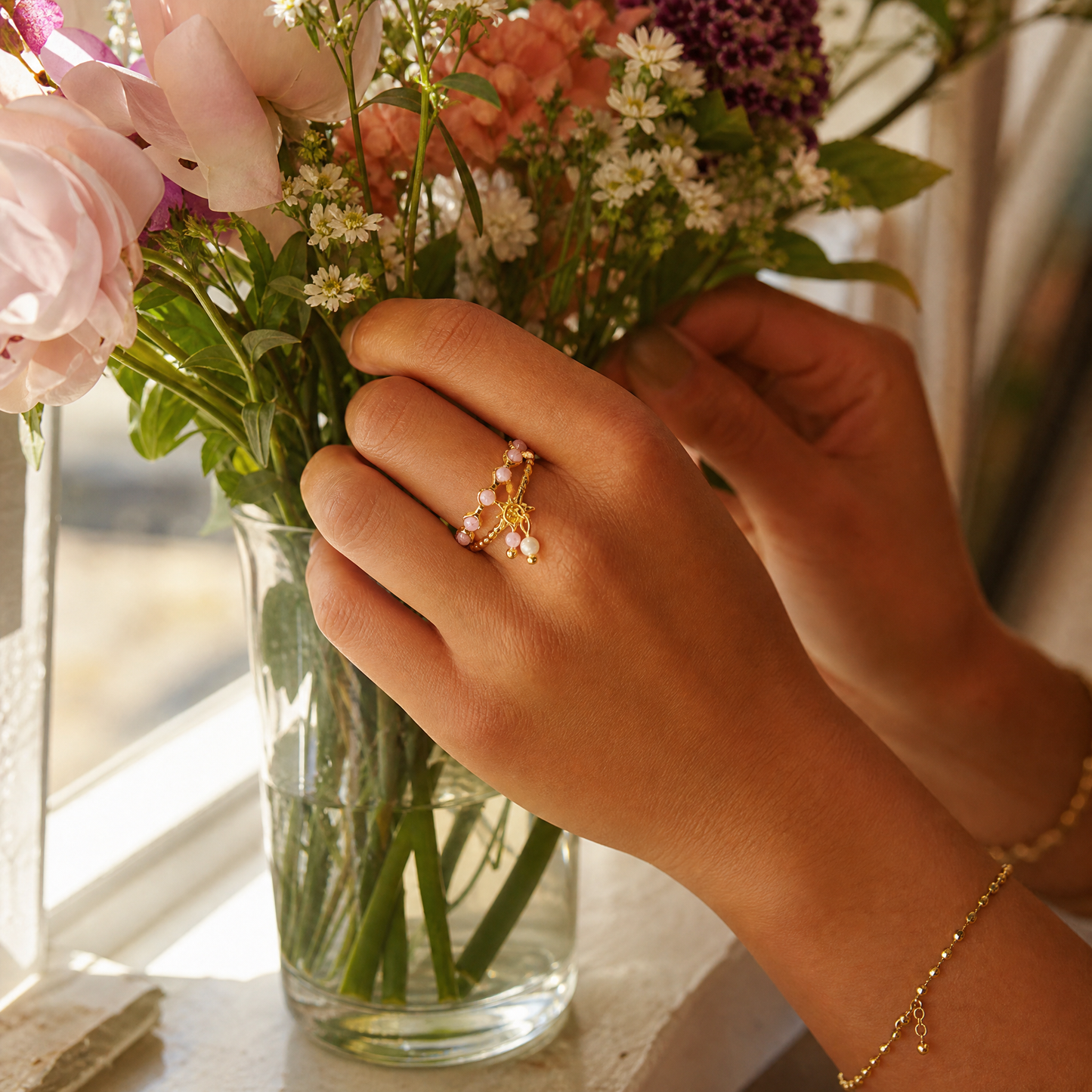 Gold Plated Beaded Star Charm Adjustable Double Ring
