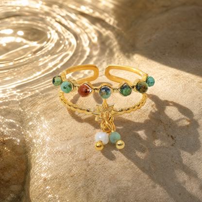 Gold Plated Beaded Star Charm Adjustable Double Ring