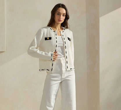 Able Contrast Trim Cardigan - Wht/Blk