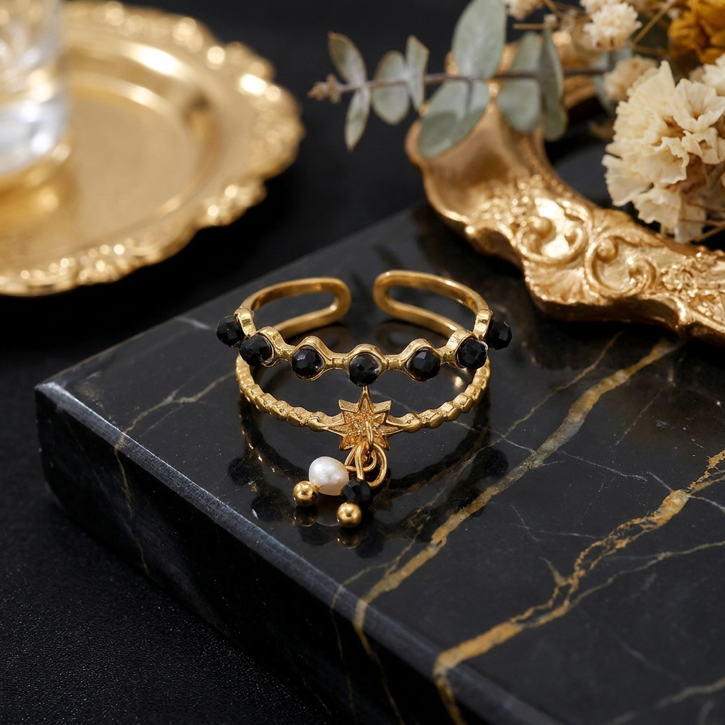 Gold Plated Beaded Star Charm Adjustable Double Ring