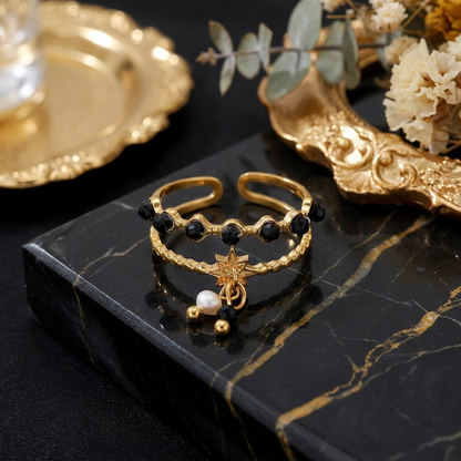 Gold Plated Beaded Star Charm Adjustable Double Ring