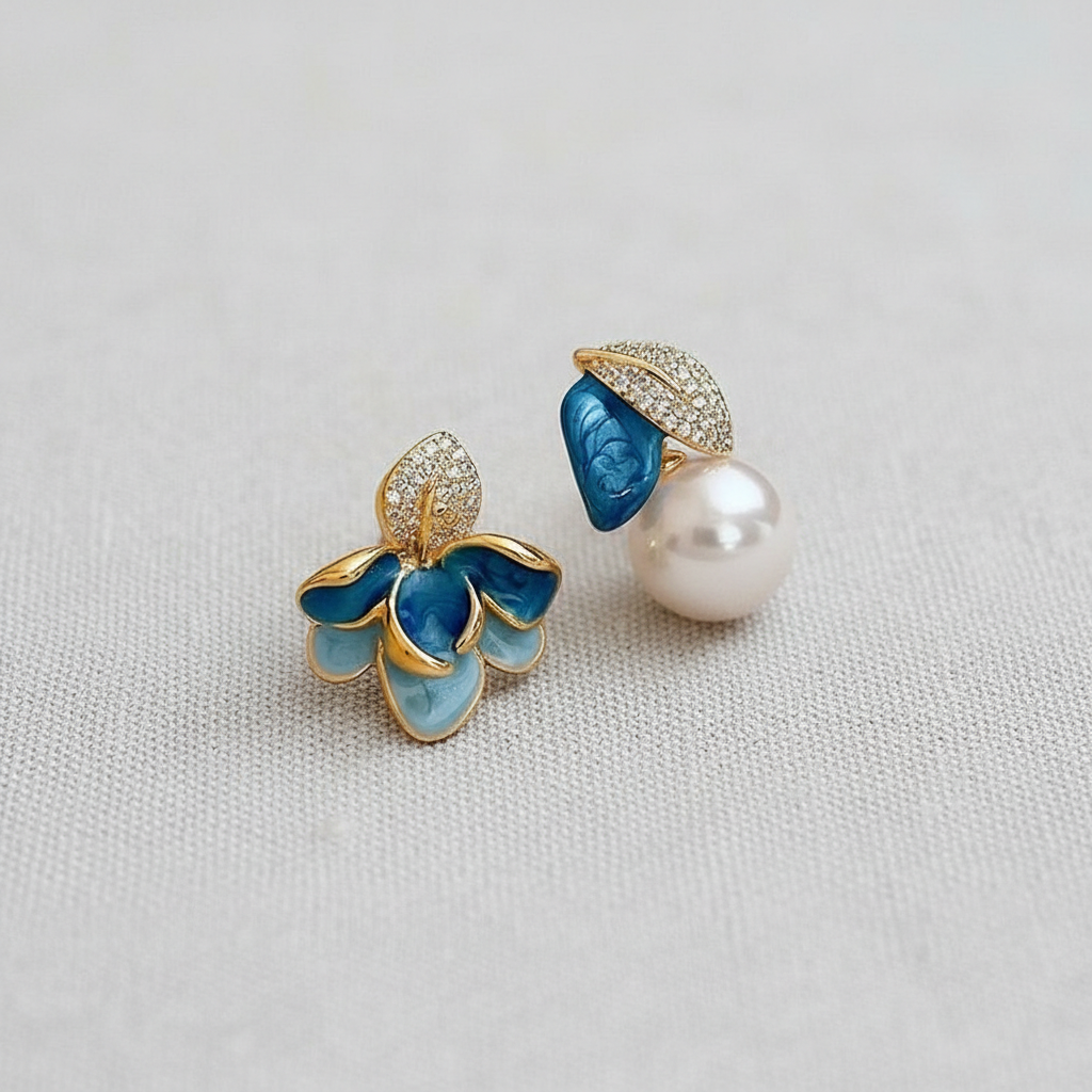 CD Vintage Floral and Pearl Earrings - Blue