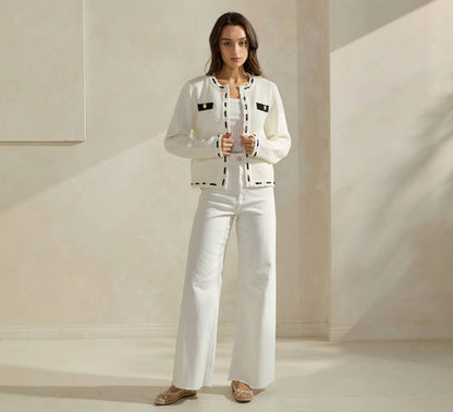 Able Contrast Trim Cardigan - Wht/Blk
