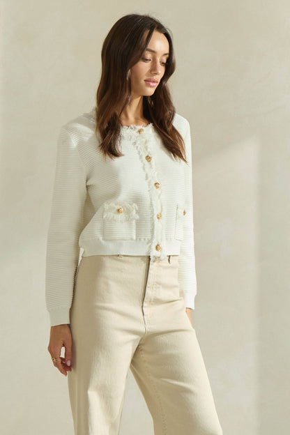 Able Frayed Edge Cardigan Jacket - Ivory/Gold