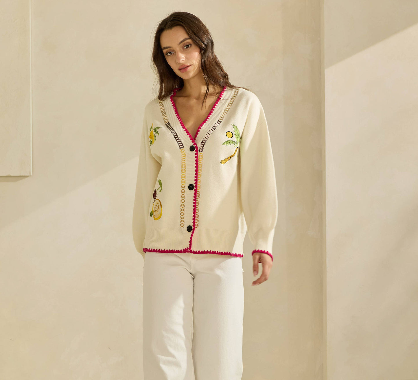 Able Embroidered V-Neck Cardigan - Cream/Red