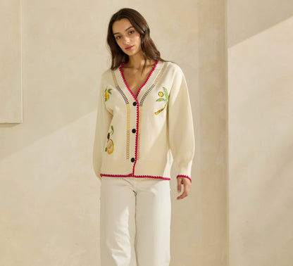 Able Embroidered V-Neck Cardigan - Cream/Red