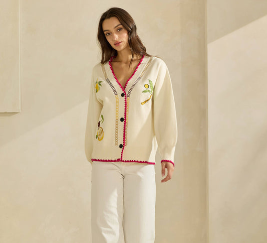 Able Embroidered V-Neck Cardigan - Cream/Red