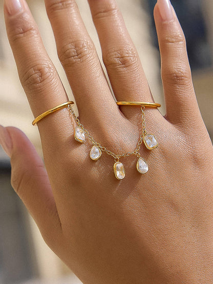 FM Cosette CZ Dangle Drop Double Ring - 18K Gold Plated