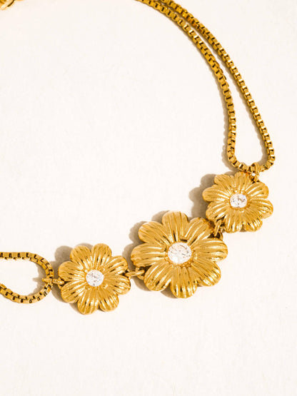 FM Camellia CZ Flower Chain Bracelet - 18K Gold Plated