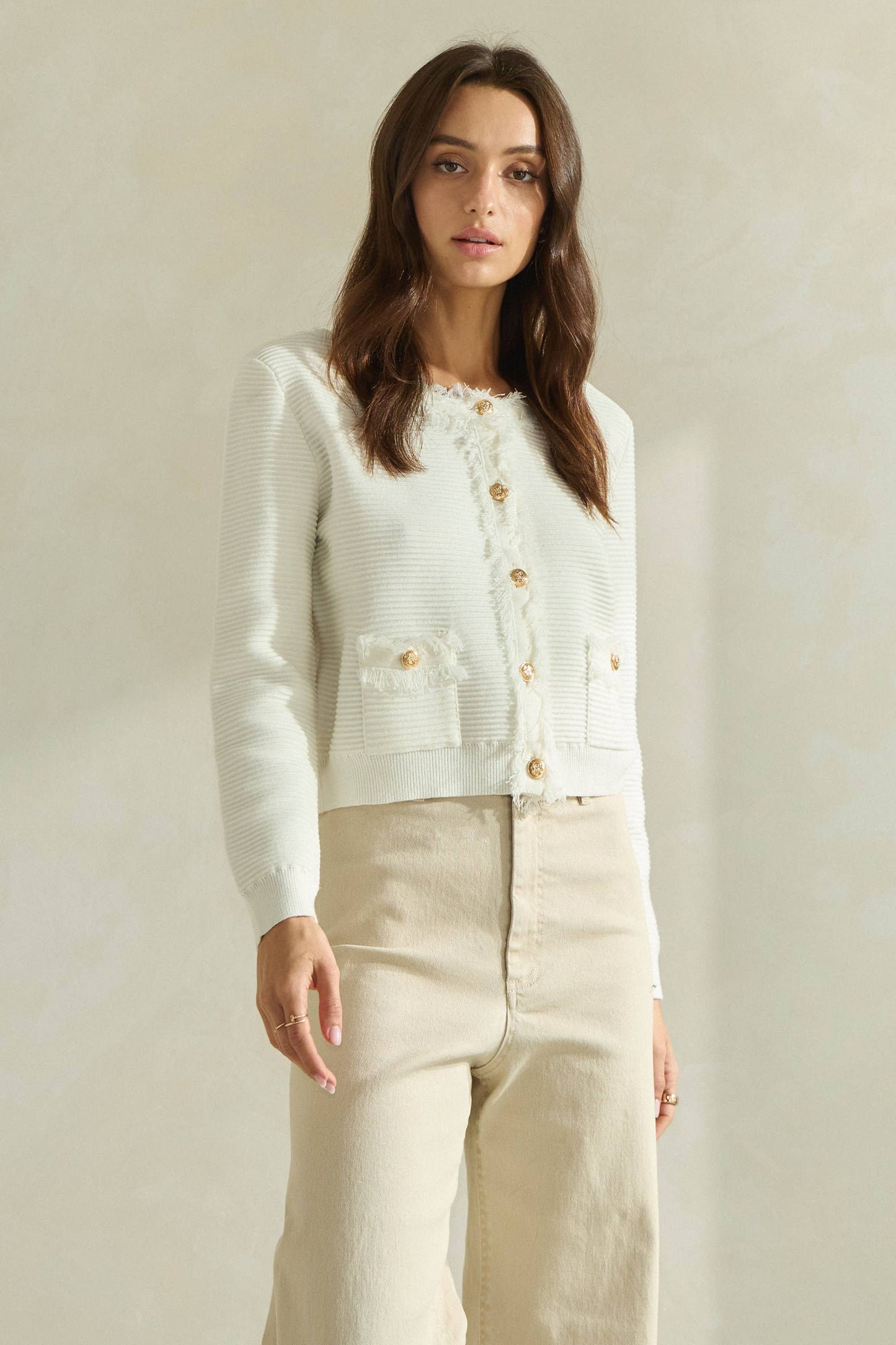 Able Frayed Edge Cardigan Jacket - Ivory/Gold
