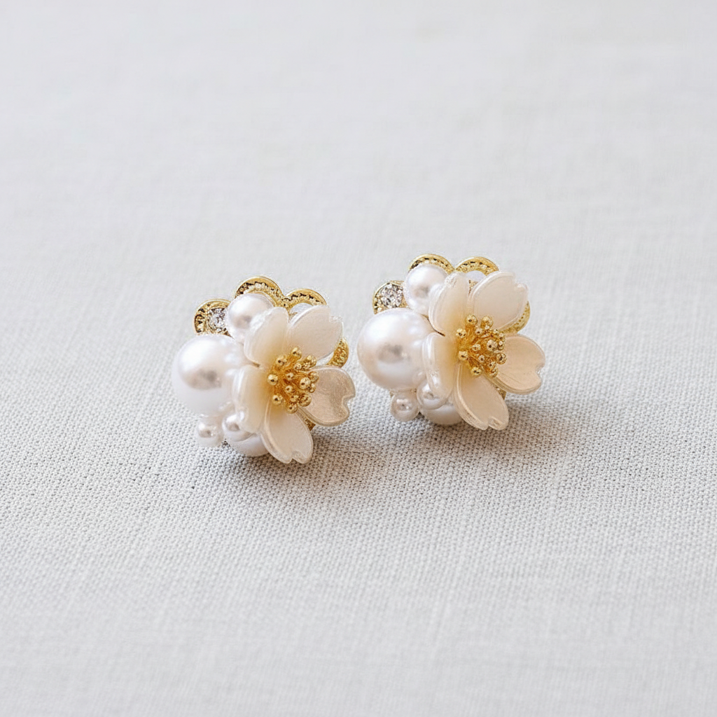 CD Floral Pearl Stud Earrings with Zircon