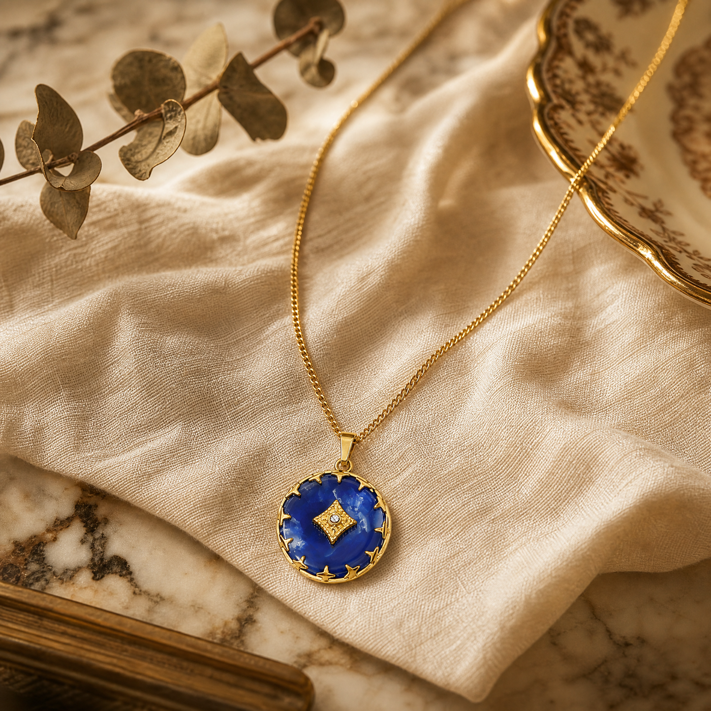 RB Vintage Starburst Pendant Necklace - Blue Acetate/18K Gold Plated