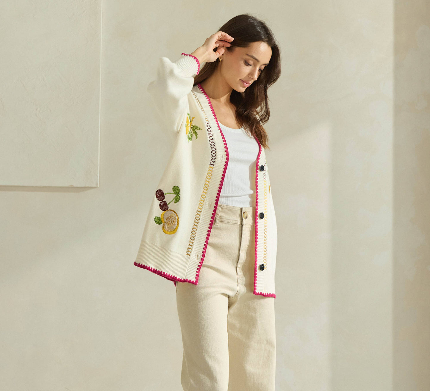 Able Embroidered V-Neck Cardigan - Cream/Red