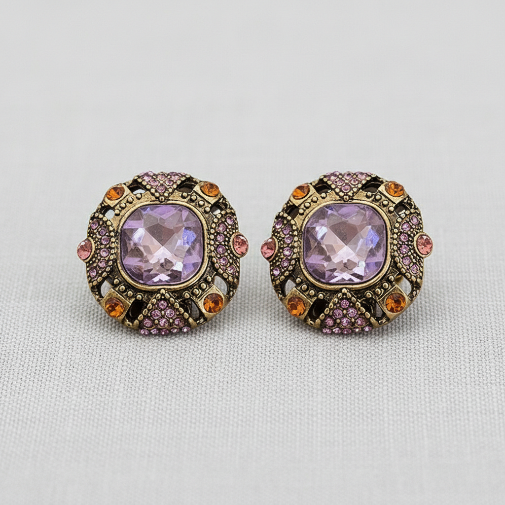 CD Vintage Rhinestone Geometric Stud Earrings - Purple