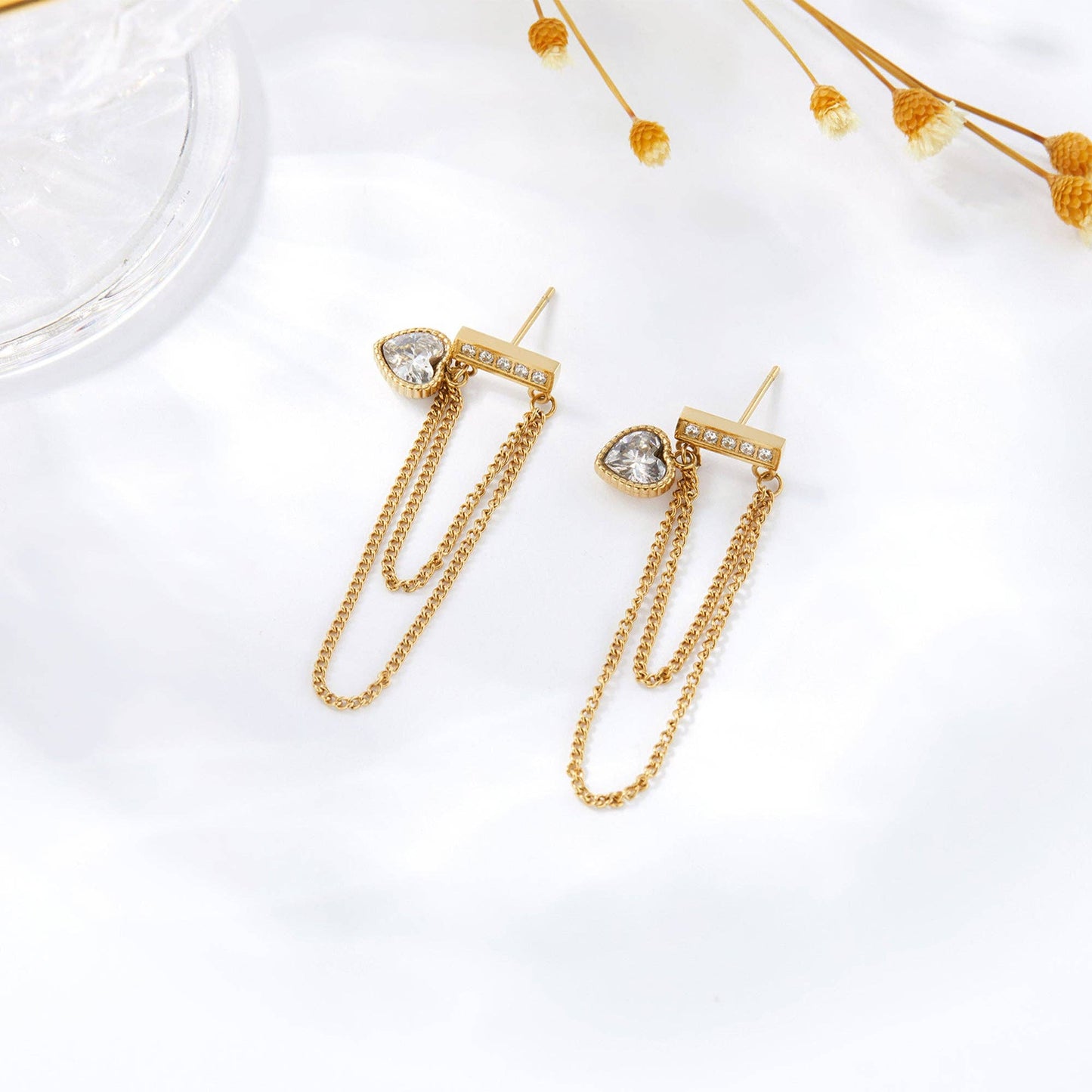 RB CZ Heart Chain Dangle Drop Earrings - 18K Gold Plated