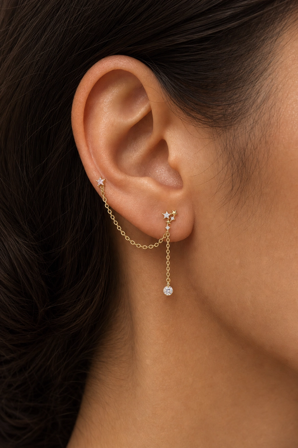 RB Cubic Zirconia Celestial Chain Earrings - 18K Gold Plated