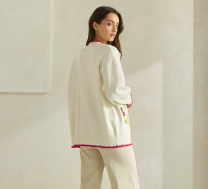 Able Embroidered V-Neck Cardigan - Cream/Red