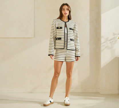 Able Striped Tweed Cardigan Jacket - Crm/Blk