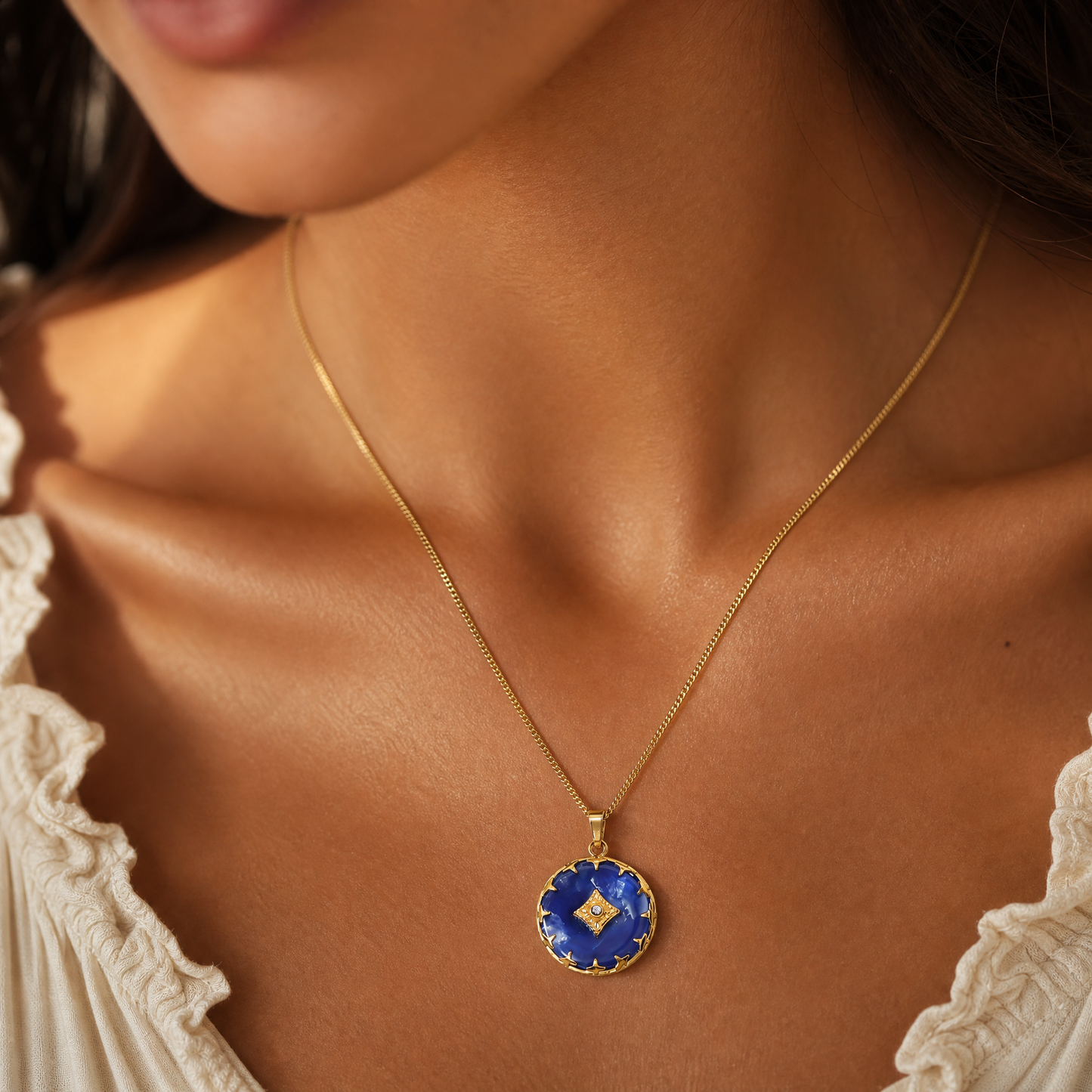 RB Vintage Starburst Pendant Necklace - Blue Acetate/18K Gold Plated