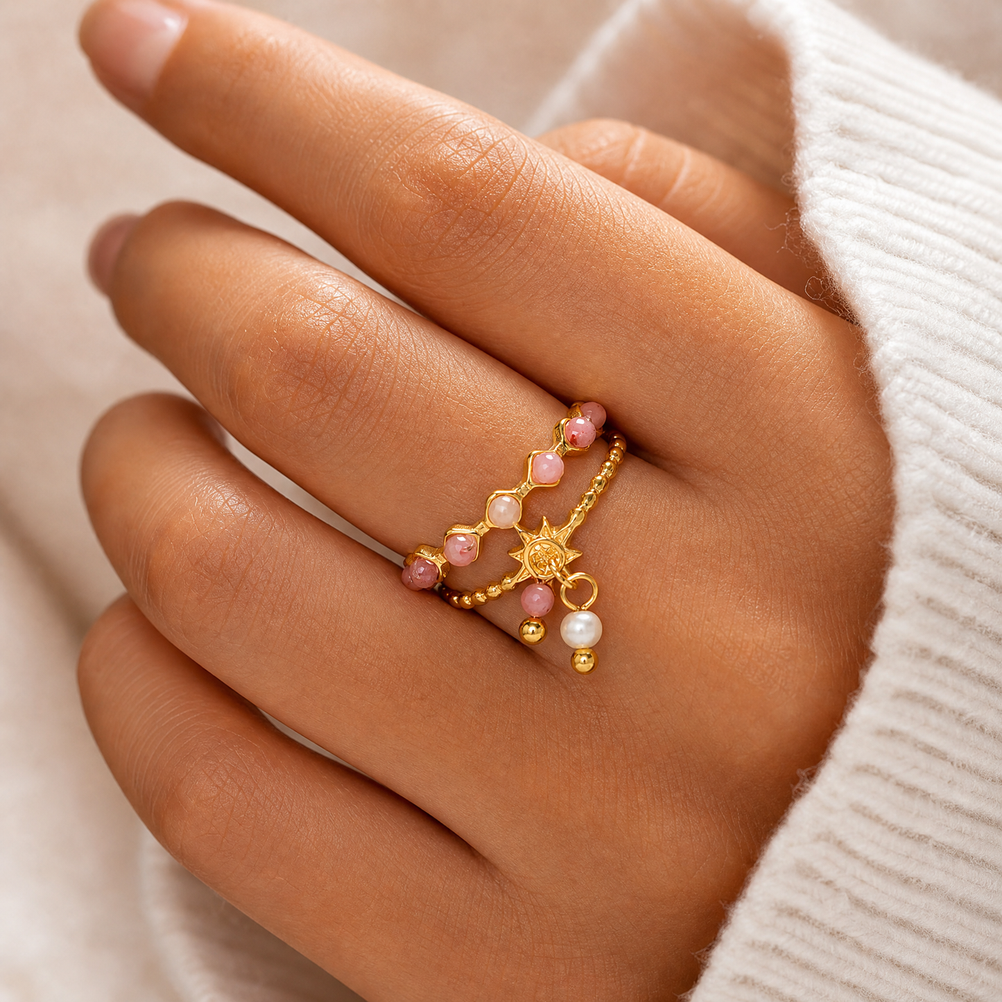 Gold Plated Beaded Star Charm Adjustable Double Ring