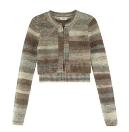 525 America Cropped Stripe Zip Front Sweater - Brn/Blue