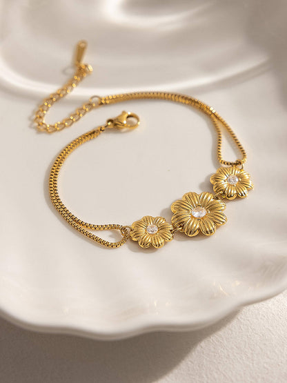 FM Camellia CZ Flower Chain Bracelet - 18K Gold Plated