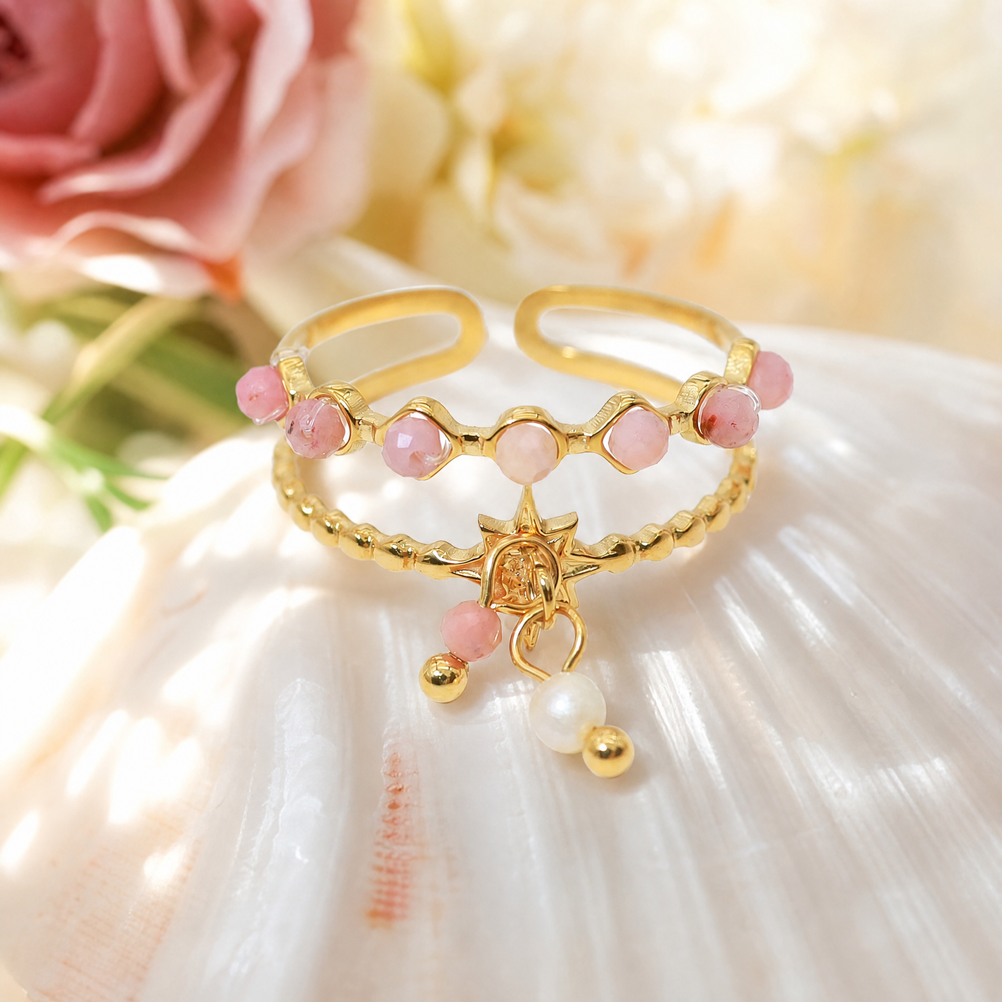Gold Plated Beaded Star Charm Adjustable Double Ring